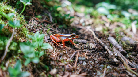 Red-crowned tree frog, Dendrobates leucophrys, in the forestの素材