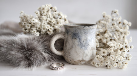 Cup of tea or coffee with silver ring and white gypsophila flowersの素材