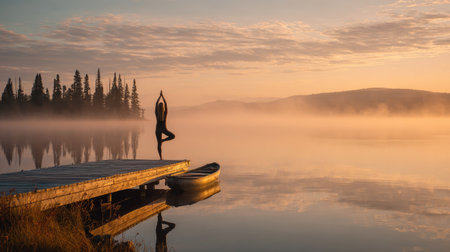 Silhouette of a woman practicing yoga on a wooden pier at sunrise.の素材