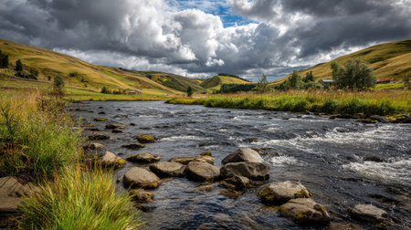 Mountain river and cloudy sky. Summer landscape with a mountain river.の素材