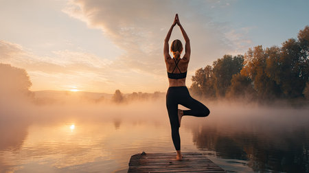 Young woman practicing yoga on a wooden pier by the lake at sunriseの素材