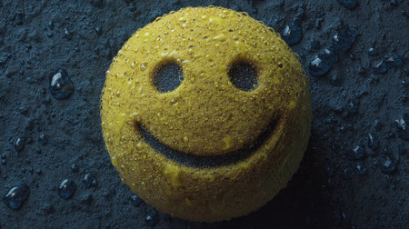 Smiling yellow emoticon on a dark background. 3d renderingの素材