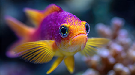Close up of a colorful cichlid fish swimming in aquariumの素材