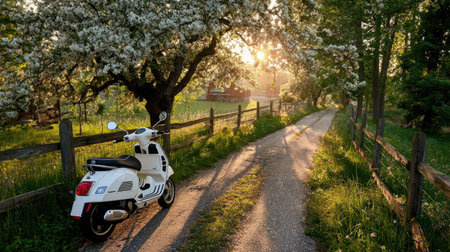 White scooter on a country road with blooming apple trees.の素材