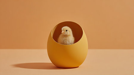 Little chicken in egg shell on orange background. Happy easter.の素材