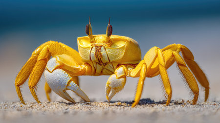Close-up of a yellow sand crab on a sandy beach.の素材