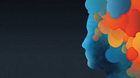 Human head silhouette with abstract colorful liquid shapes on dark background. 3D renderingの素材
