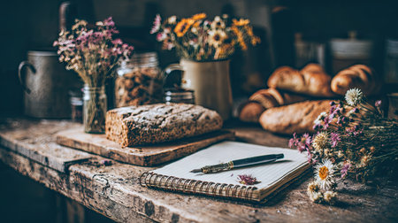 Bread and dried flowers on a wooden table in rustic styleの素材