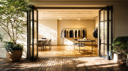 Interior of a modern hotel lobby with a wooden floor and a large windowの素材
