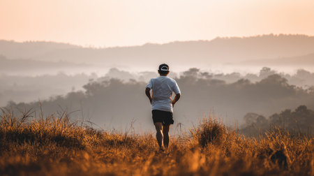 Man jogging in the grassland at sunset, healthy lifestyle conceptの素材