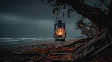 Lantern on the beach at night, vintage style image.の素材