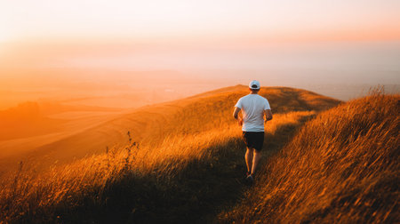 Man jogging on top of a mountain at sunrise. Healthy lifestyle concept.の素材