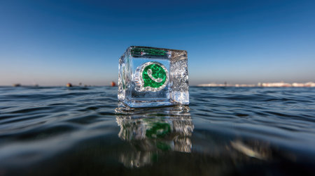 Green eco symbol in ice cube on the water. Nature background.の素材
