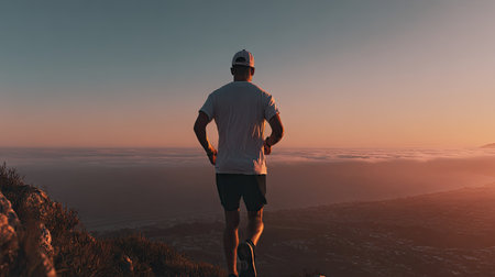 Man in sportswear running on top of a mountain at sunsetの素材