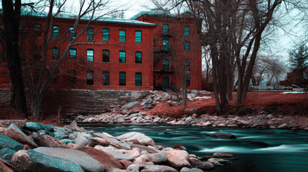 Old brick building with a river in the background.  Long exposure.の素材