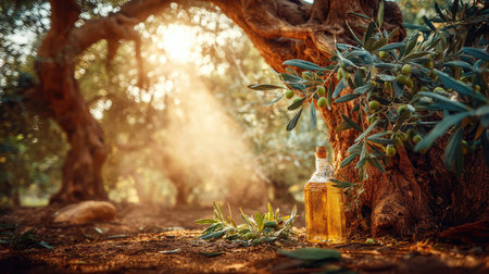 Olive oil in a bottle on a background of olive trees.の素材