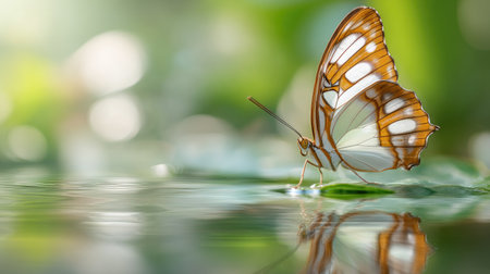 Butterfly on green leaf with water reflection and bokeh backgroundの素材
