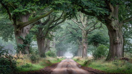 Old oak trees along a country road in the fog, UK.の素材