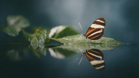 Butterfly on a green leaf with reflection in the water.の素材