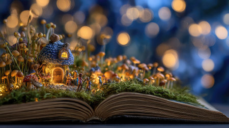 Christmas magic book with magic lantern on bokeh background. Magical atmosphere.の素材
