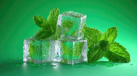 Ice cubes with mint leaves on green background. 3D illustration.の素材