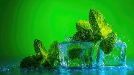 Mint leaves and ice cubes with water drops on a green backgroundの素材