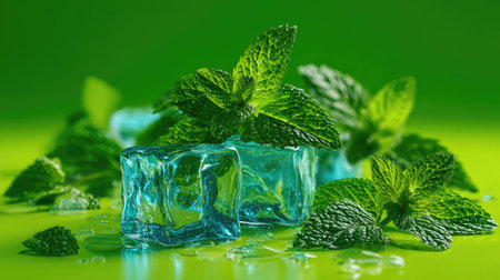 Mint leaves and ice cubes on green background. Mint leaves and ice cubes on green backgroundの素材