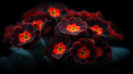 Beautiful red primula flowers on a dark background. Selective focus.の素材