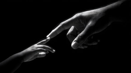 Black and white image of two hands touching each other on black backgroundの素材