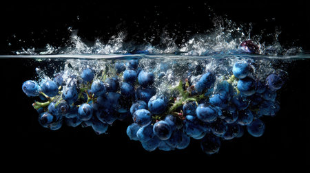 Bunch of blue grapes falling into water with splash on black backgroundの素材