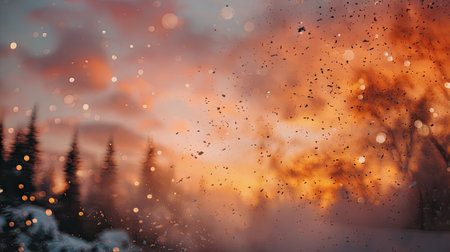 Winter landscape with snow covered trees, bokeh lights and fogの素材