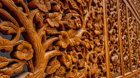 Thai wood carving on the wall of the temple in Thailand.の素材