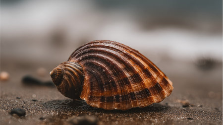 Sea shell on the sand. Selective focus. Shallow depth of field.の素材