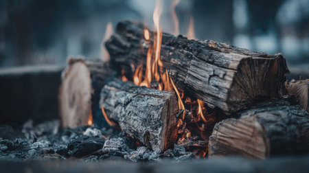 firewood burning in the fire, closeup of firewood burning in the fireの素材