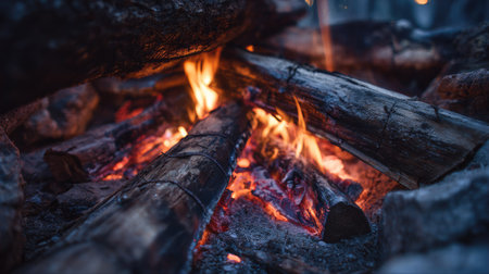 Burning firewood in a campfire close-up. Abstract backgroundの素材