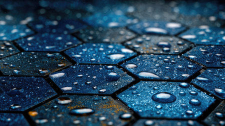 Raindrops on blue tiles. Water drops on a cobblestone pavement.の素材