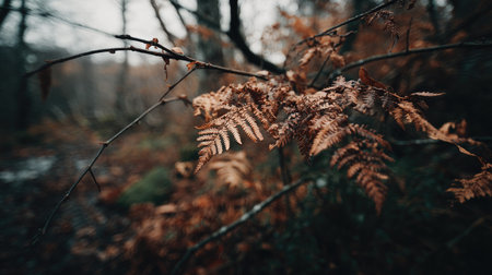 Fern leaves in autumn forest. Nature background with copy space.の素材