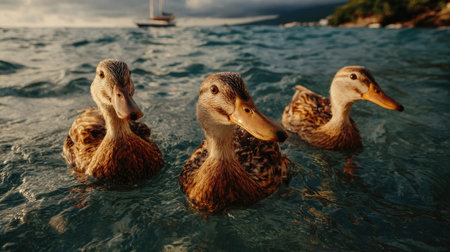 Group of ducks swimming in the sea water. Selective focus.の素材