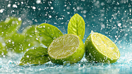 Fresh limes with water splash and mint leaves on blue background.の素材