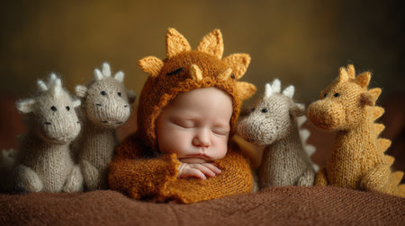 Cute newborn baby in a knitted hat with deer and giraffeの素材
