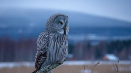 Great grey owl (Strix nebulosa) in winter.の素材