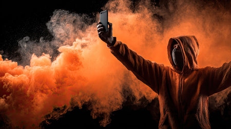 Man in hoodie taking selfie with mobile phone in red and orange smokeの素材