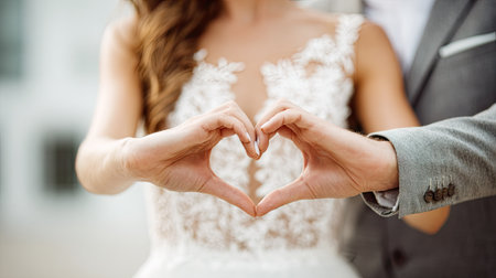 wedding couple making heart with their hands. close up photoの素材