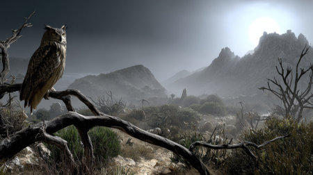 Owl on a branch in the desert with mountains in the backgroundの素材