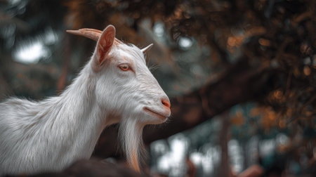 Portrait of a white goat on a background of green trees.の素材