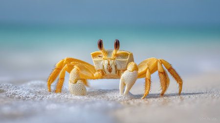 Yellow sand crab on white sand beach with turquoise sea backgroundの素材
