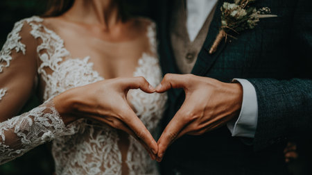 Hands of the bride and groom in the form of a heartの素材