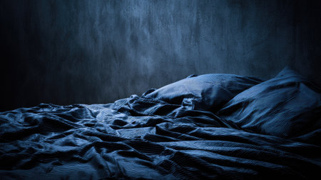 Close up of a blue blanket on a bed in a dark roomの素材
