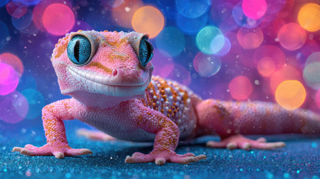 Cute pink leopard gecko on bokeh background.の素材