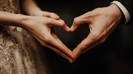 Bride and groom holding hands in the shape of a heart on a black backgroundの素材